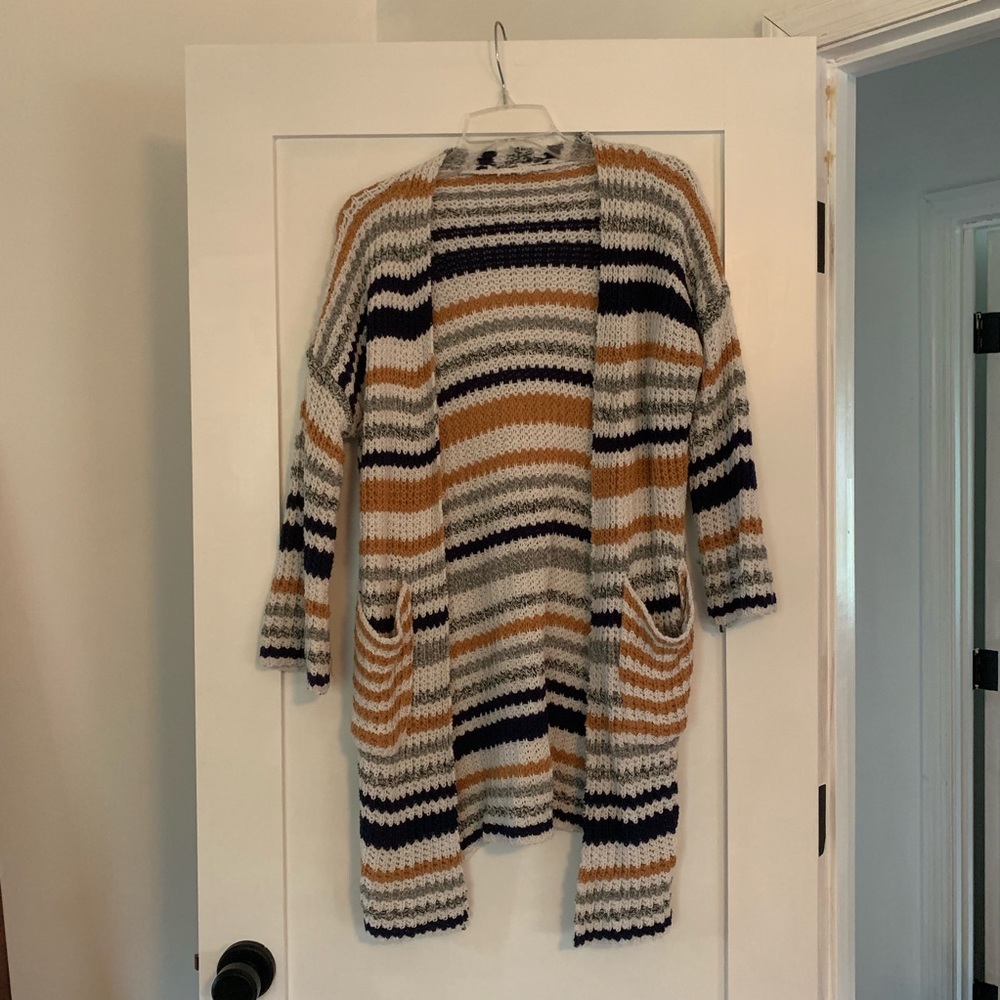 Cable knit striped cardigan